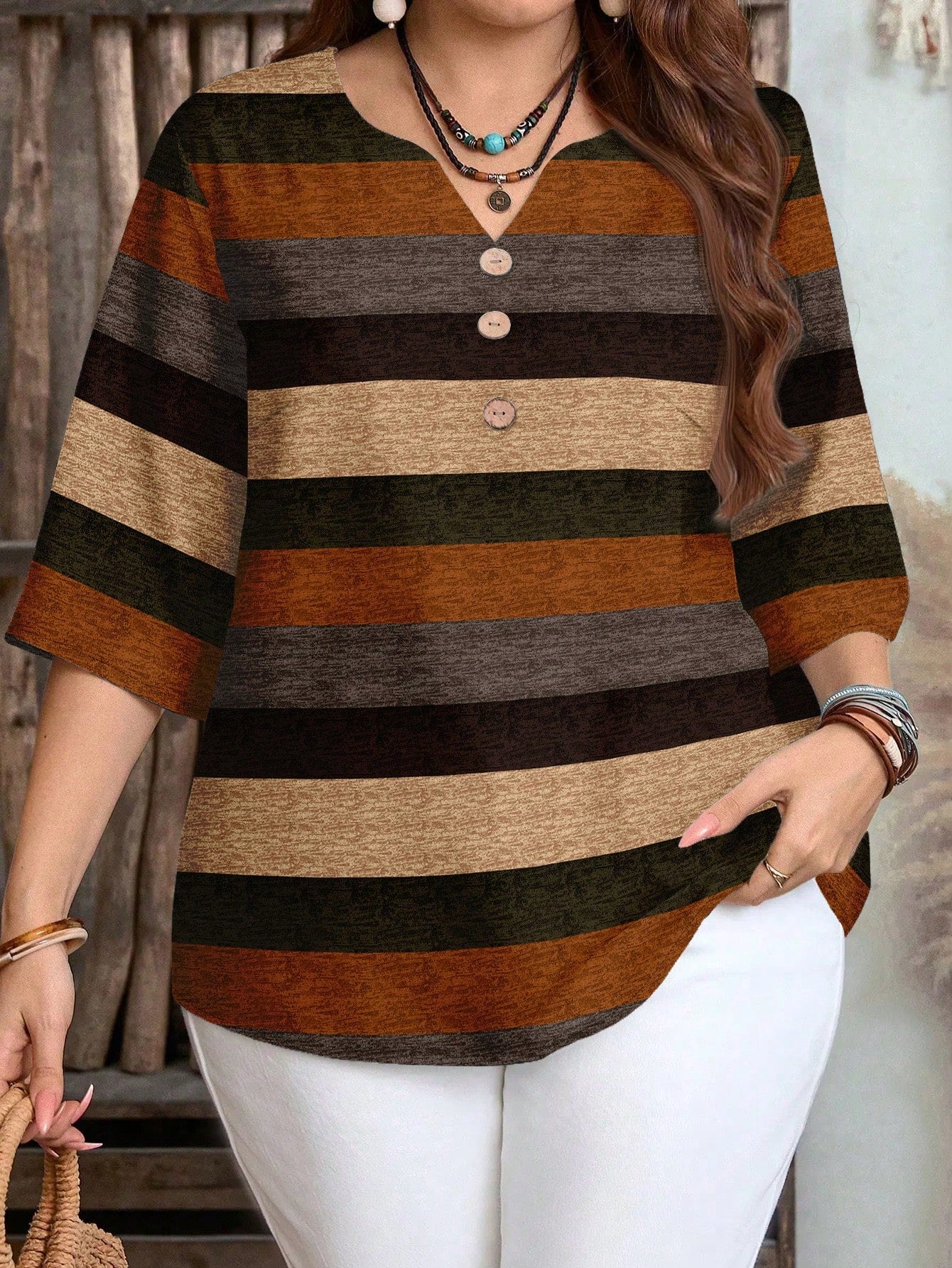 EMERY ROSE Plus Size Casual Colorblock Striped Print V-Neck Shirt, Suitable For Summer Spring