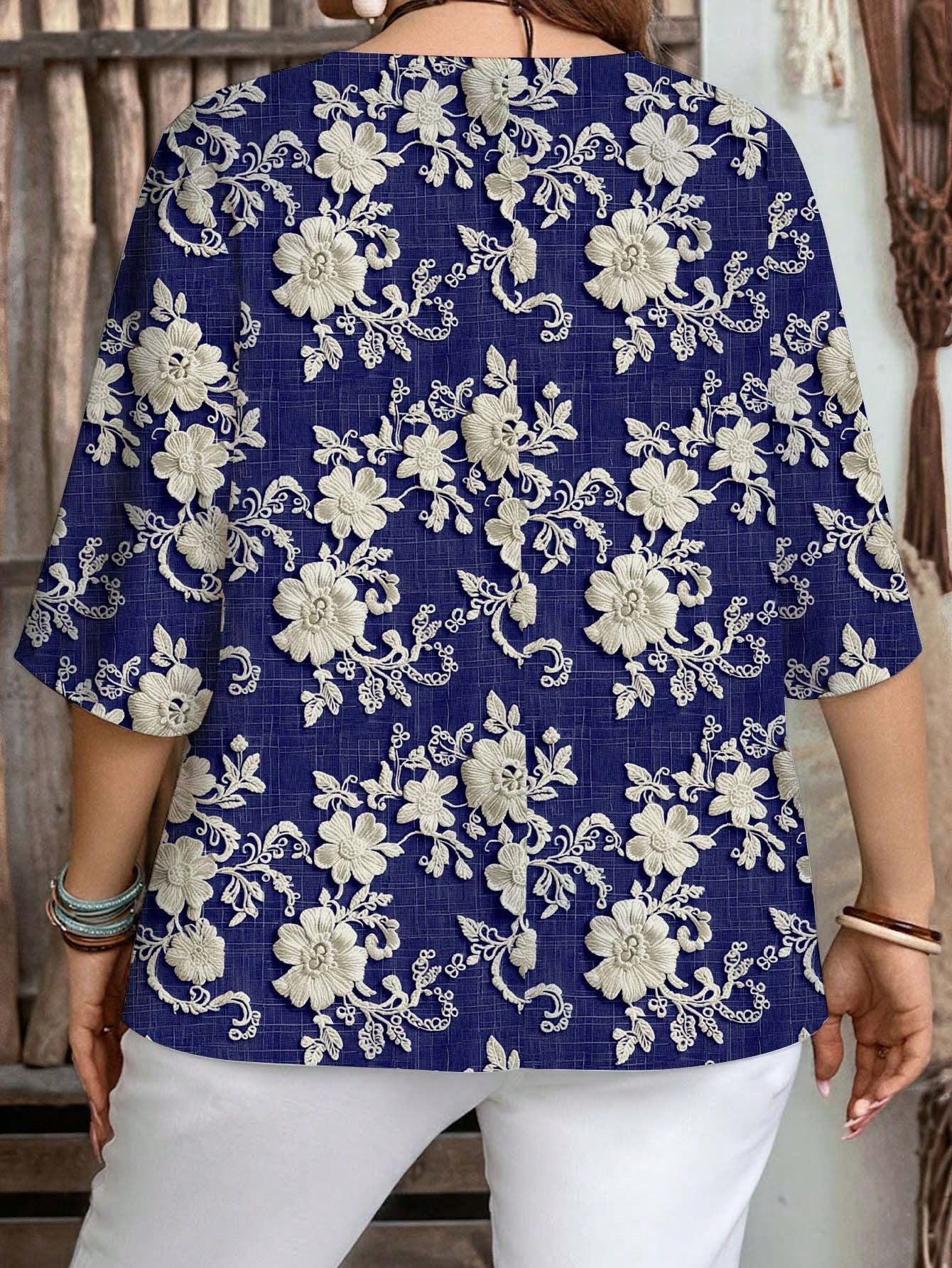 EMERY ROSE Plus Size Casual Elegant Romantic Embroidery-Like Texture Print Blue Shirt, Suitable For Spring And Autumn