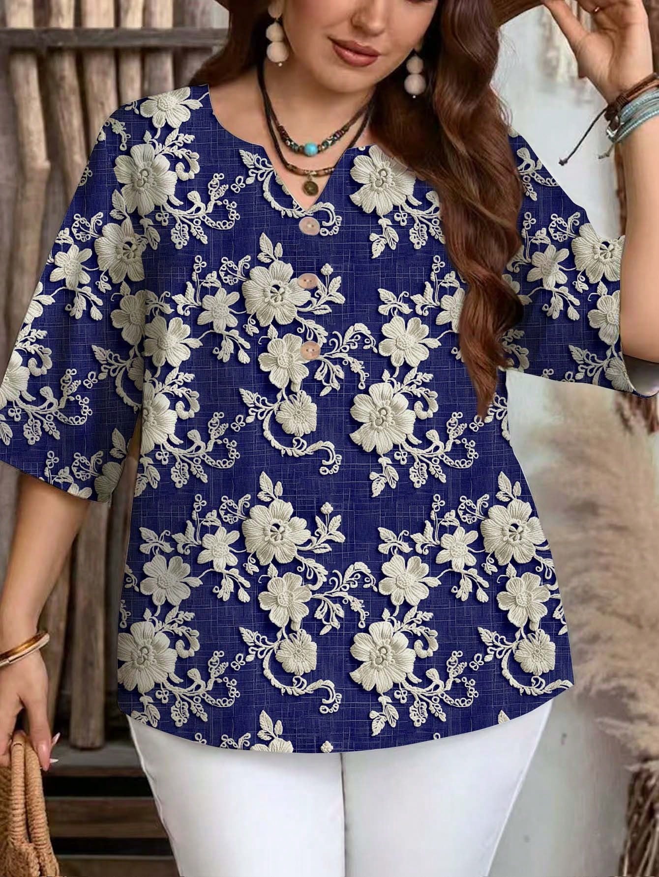 EMERY ROSE Plus Size Casual Elegant Romantic Embroidery-Like Texture Print Blue Shirt, Suitable For Spring And Autumn