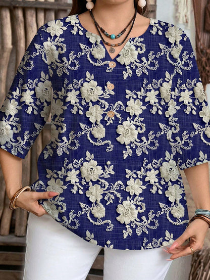 EMERY ROSE Plus Size Casual Elegant Romantic Embroidery-Like Texture Print Blue Shirt, Suitable For Spring And Autumn