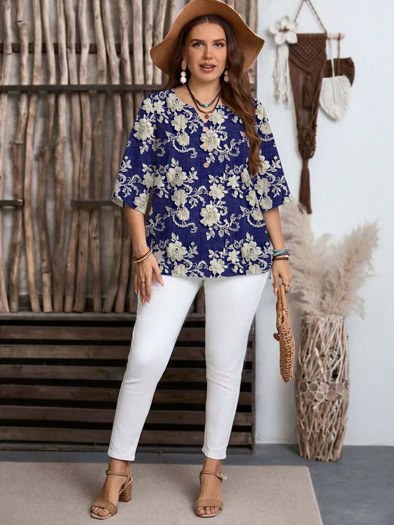 EMERY ROSE Plus Size Casual Elegant Romantic Embroidery-Like Texture Print Blue Shirt, Suitable For Spring And Autumn