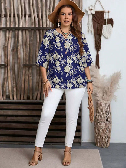EMERY ROSE Plus Size Casual Elegant Romantic Embroidery-Like Texture Print Blue Shirt, Suitable For Spring And Autumn