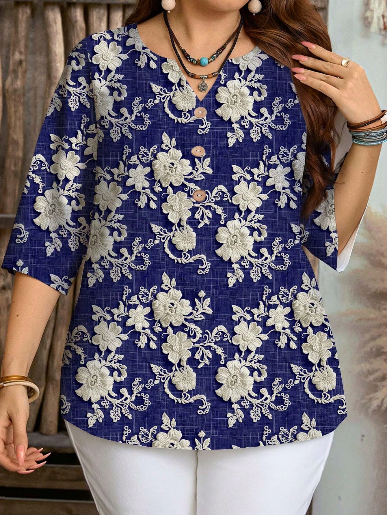 EMERY ROSE Plus Size Casual Elegant Romantic Embroidery-Like Texture Print Blue Shirt, Suitable For Spring And Autumn