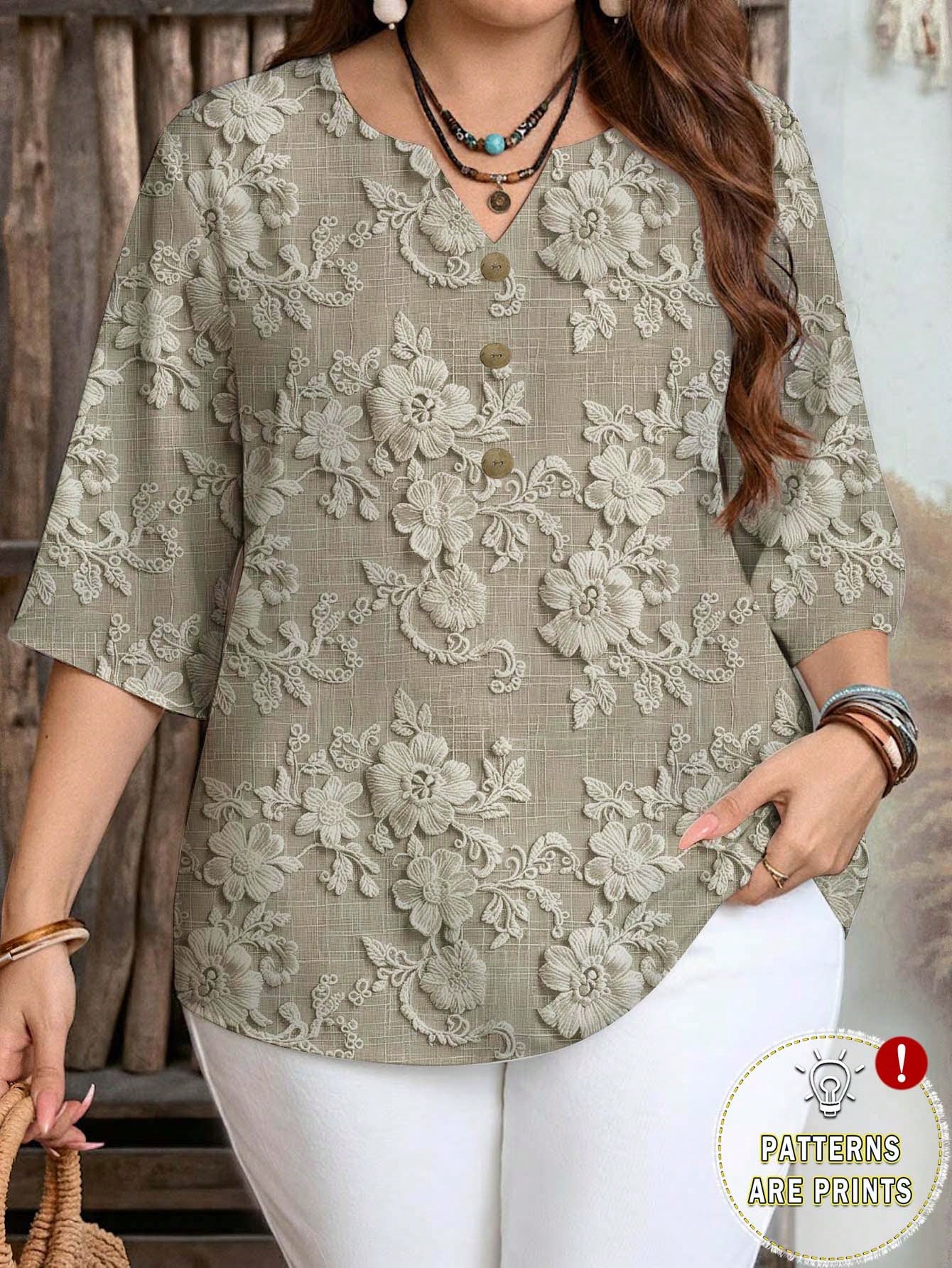 EMERY ROSE Plus Size Casual Elegant Romantic Embroidery-Like Texture Print Blue Shirt, Suitable For Spring And Autumn