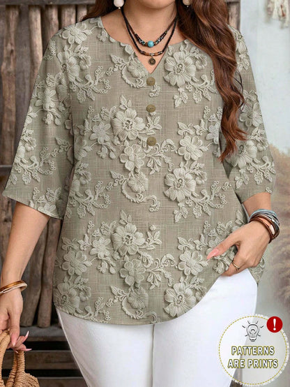 EMERY ROSE Plus Size Casual Elegant Romantic Embroidery-Like Texture Print Blue Shirt, Suitable For Spring And Autumn