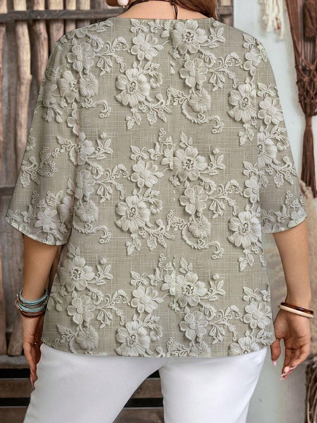 EMERY ROSE Plus Size Casual Elegant Romantic Embroidery-Like Texture Print Blue Shirt, Suitable For Spring And Autumn