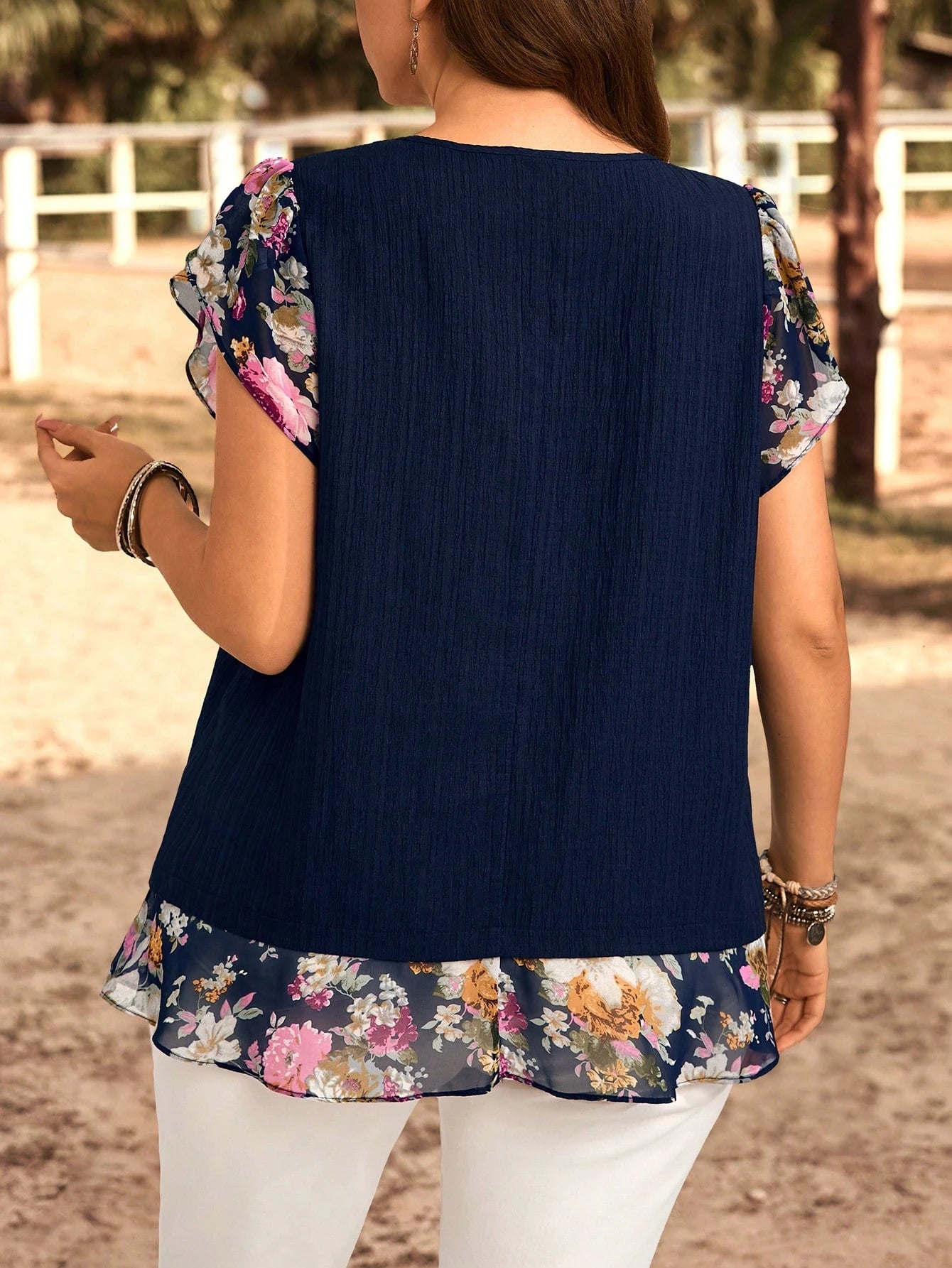 EMERY ROSE Plus Size Casual Floral Print Patchwork Blouse, Suitable For Summer, Country Women, Summer For Women, Western Wear Women Tunic Top, Vacation, Spring
