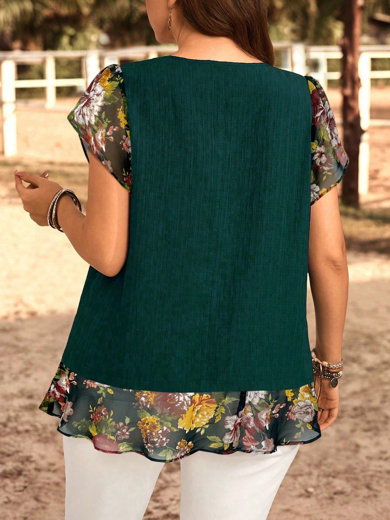 EMERY ROSE Plus Size Casual Floral Print Patchwork Blouse, Suitable For Summer, Country Women, Summer For Women, Western Wear Women Tunic Top, Vacation, Spring