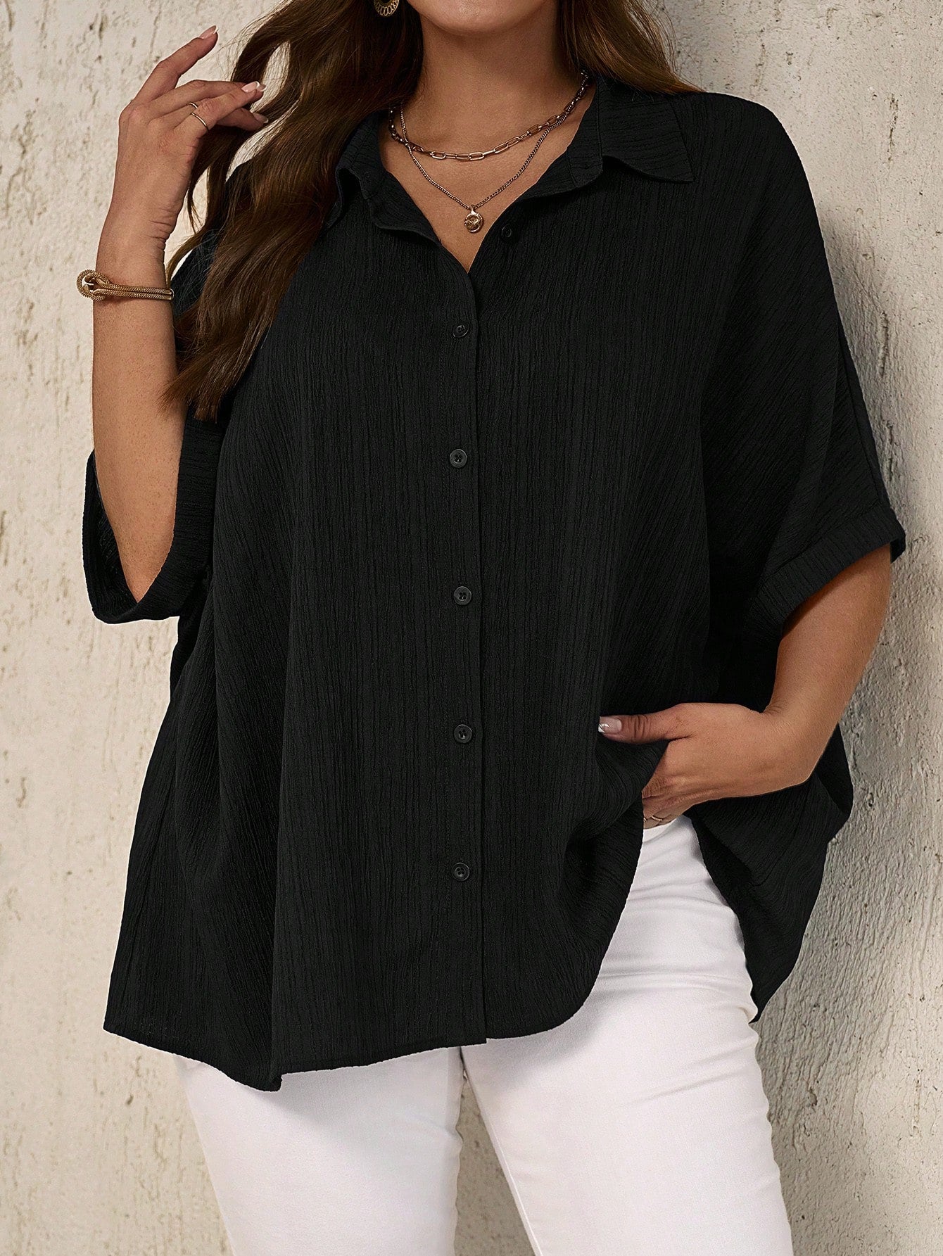 EMERY ROSE Plus Size Casual Solid Color Batwing Sleeve Shirt Fall