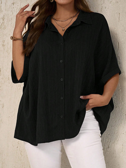 EMERY ROSE Plus Size Casual Solid Color Batwing Sleeve Shirt Fall