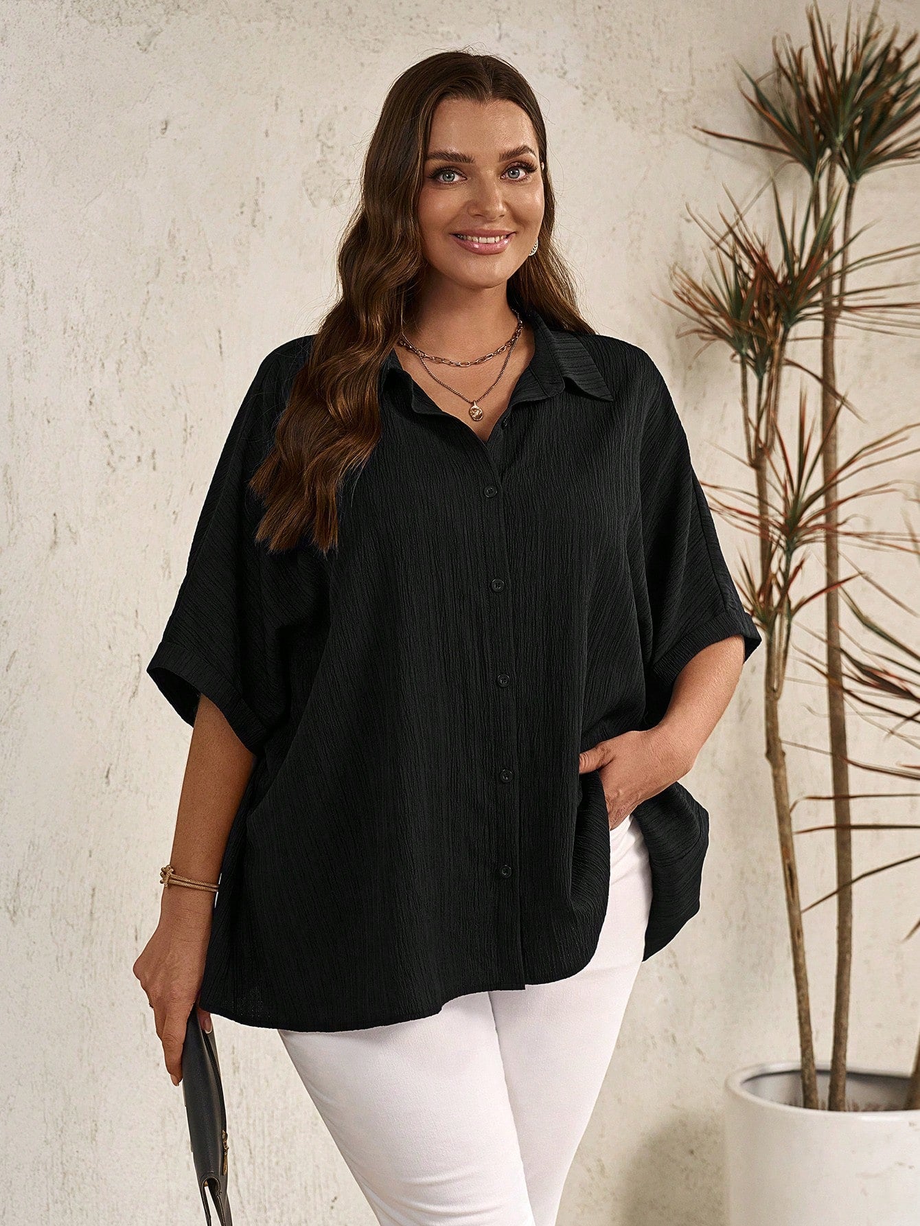 EMERY ROSE Plus Size Casual Solid Color Batwing Sleeve Shirt Fall