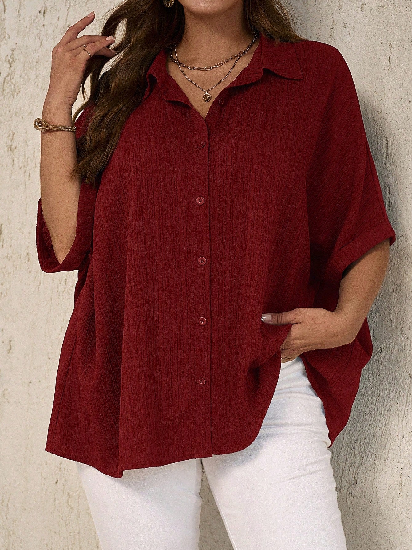 EMERY ROSE Plus Size Casual Solid Color Batwing Sleeve Shirt Fall