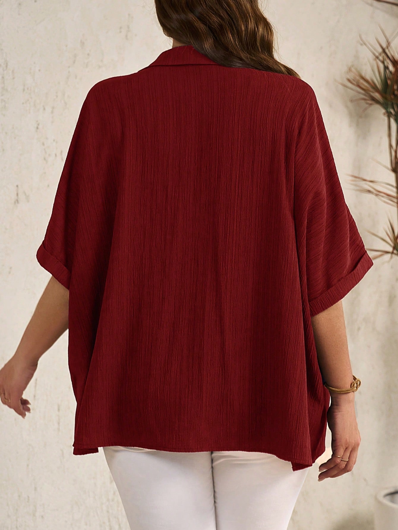 EMERY ROSE Plus Size Casual Solid Color Batwing Sleeve Shirt Fall