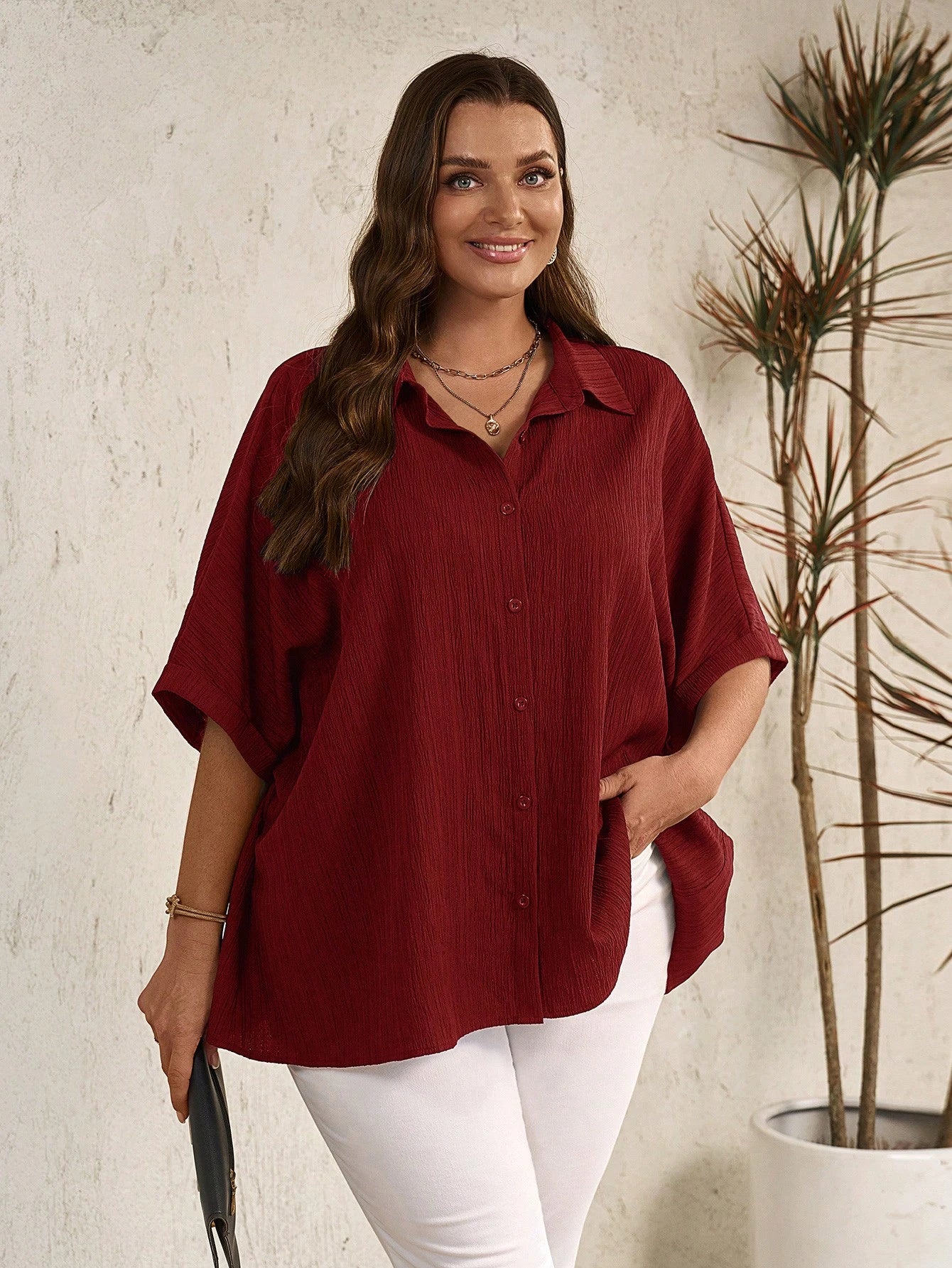 EMERY ROSE Plus Size Casual Solid Color Batwing Sleeve Shirt Fall