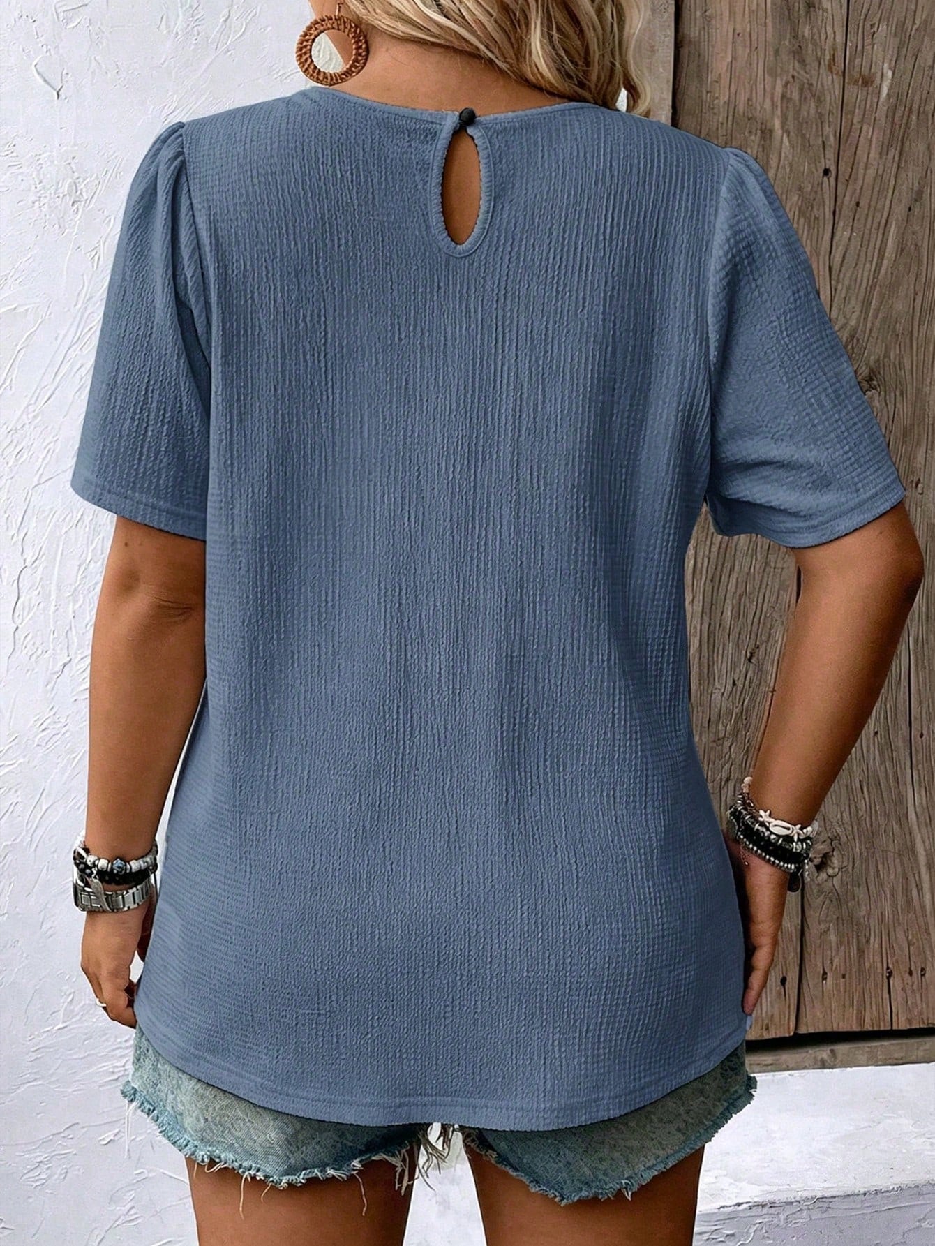 EMERY ROSE Plus Size Casual Solid Color Puff Sleeve Blouse