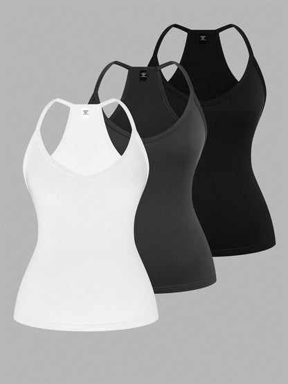 EMERY ROSE Plus Size Casual V-Neck Sport 3 PiecesCombo Tank Top Set
