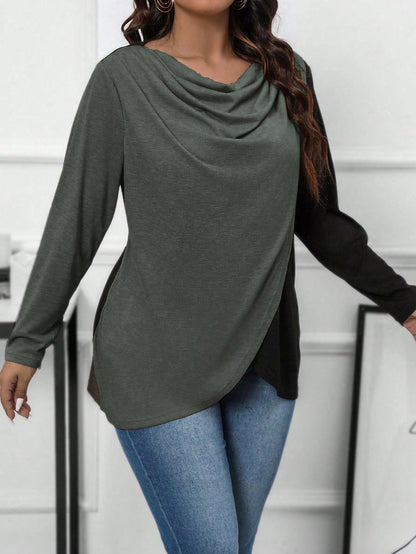 EMERY ROSE Plus Size Color Block Wrap Style Draped Collar T-Shirt Graphic Tees Women Tops Fall Cloth For Women