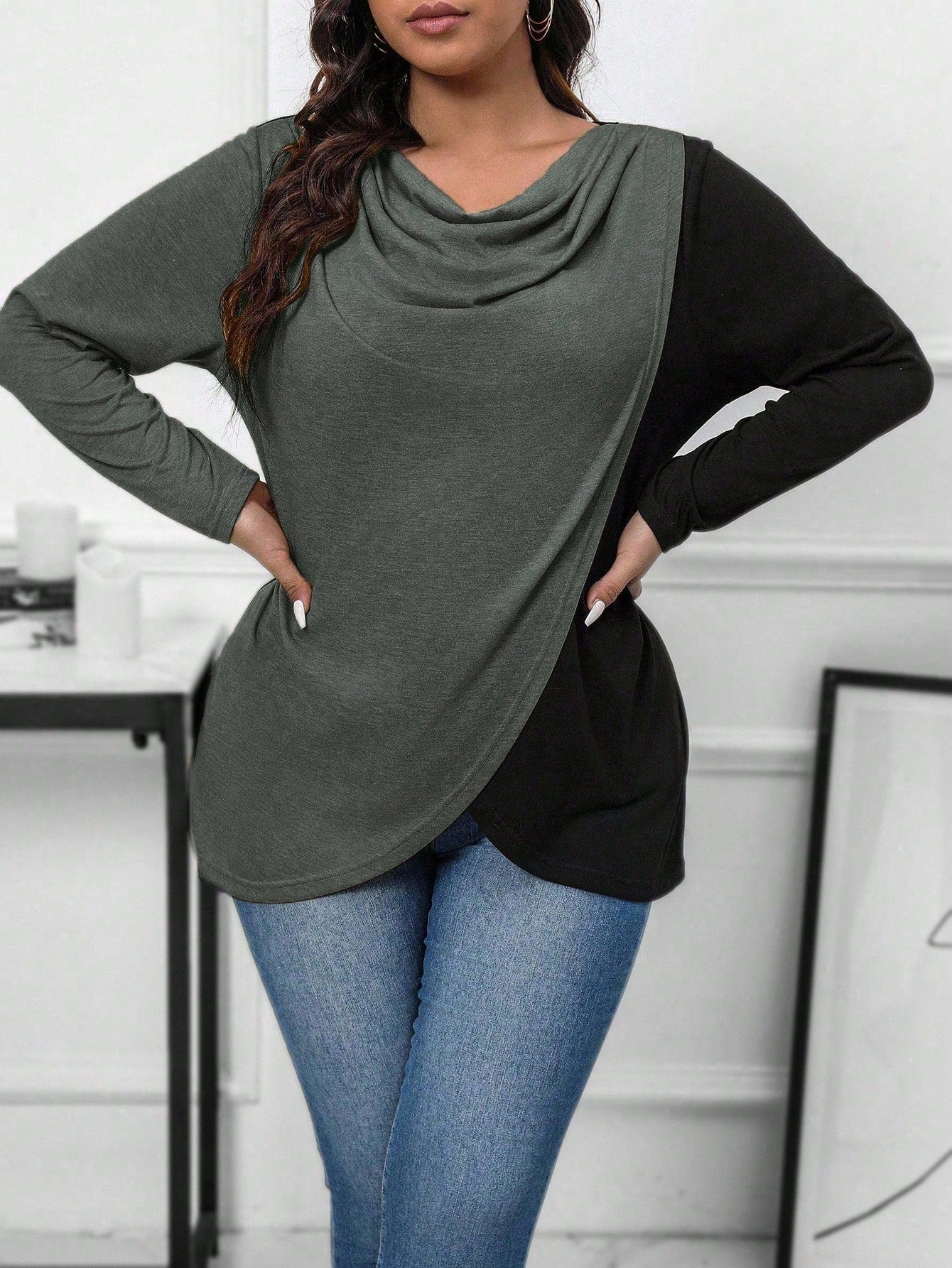 EMERY ROSE Plus Size Color Block Wrap Style Draped Collar T-Shirt Graphic Tees Women Tops Fall Cloth For Women
