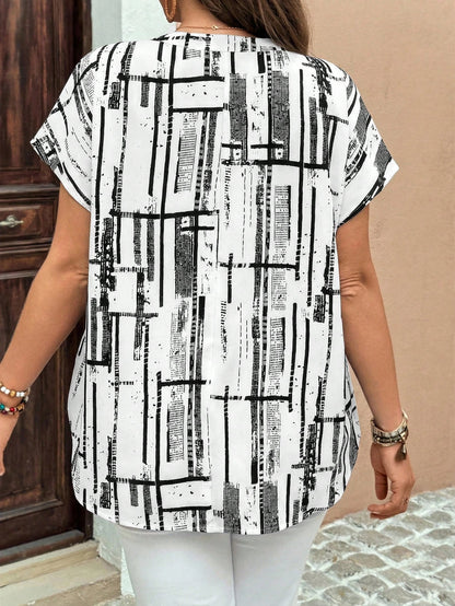EMERY ROSE Plus Size Colorblock Print Casual Short Sleeve Shirt, Going Out Tops