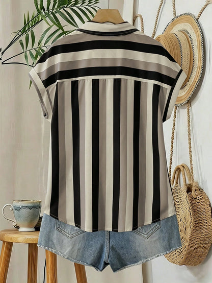 EMERY ROSE Plus Size Contrast Color Vertical Striped Collar Rolled Hem Short Sleeve Shirt