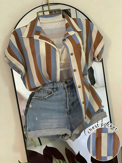 EMERY ROSE Plus Size Contrast Color Vertical Striped Collar Rolled Hem Short Sleeve Shirt