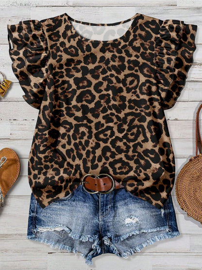 EMERY ROSE Plus Size Country Music Festival Leopard Texture Print Shirt, Autumn Chic Blouses For Women,Summer/Spring
