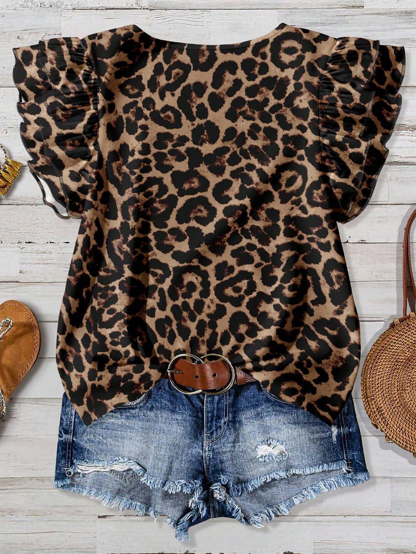 EMERY ROSE Plus Size Country Music Festival Leopard Texture Print Shirt, Autumn Chic Blouses For Women,Summer/Spring
