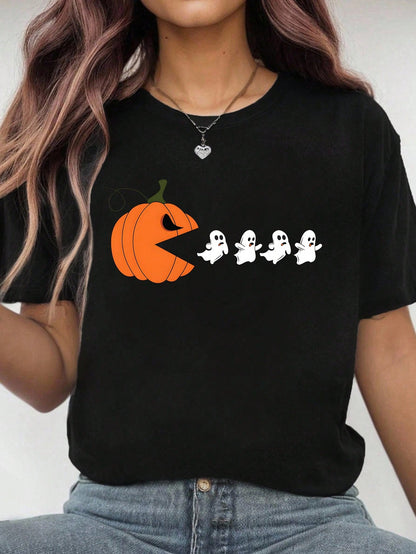 EMERY ROSE Plus Size Funny Halloween T-Shirt,Pumpkin Eating Ghosts