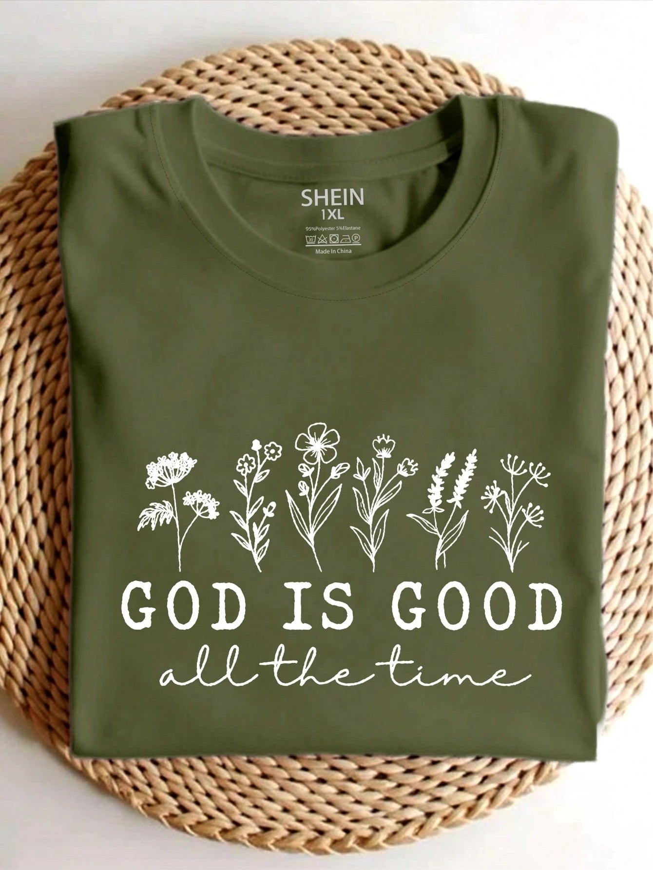 EMERY ROSE Plus Size God Is Always Good, Wildflower Pattern Round Neck Women's Printed Short Sleeve T-Shirt, For Summer