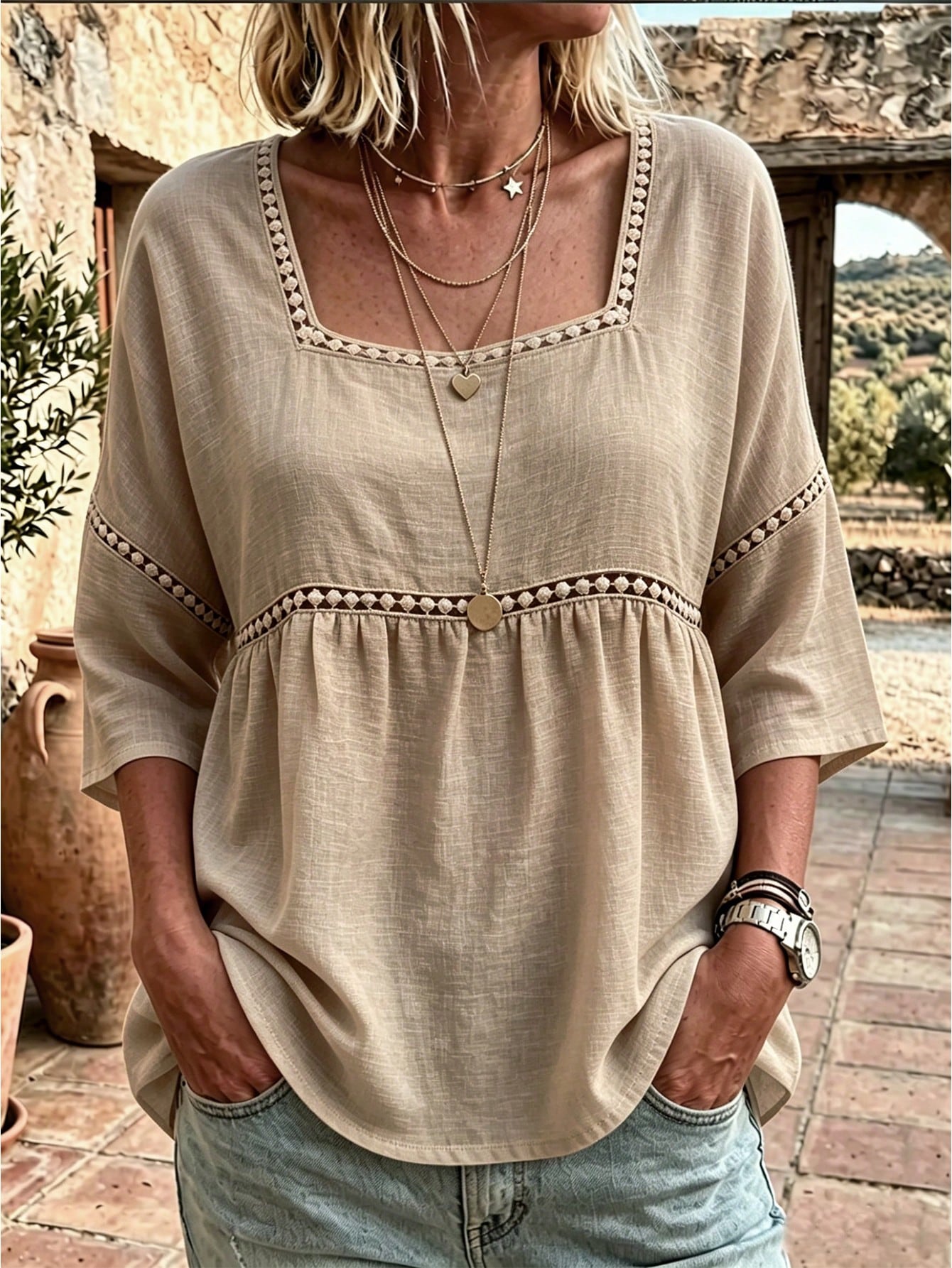 EMERY ROSE Plus Size Lady's Round-Neck Casual Resort Autumn Shirt