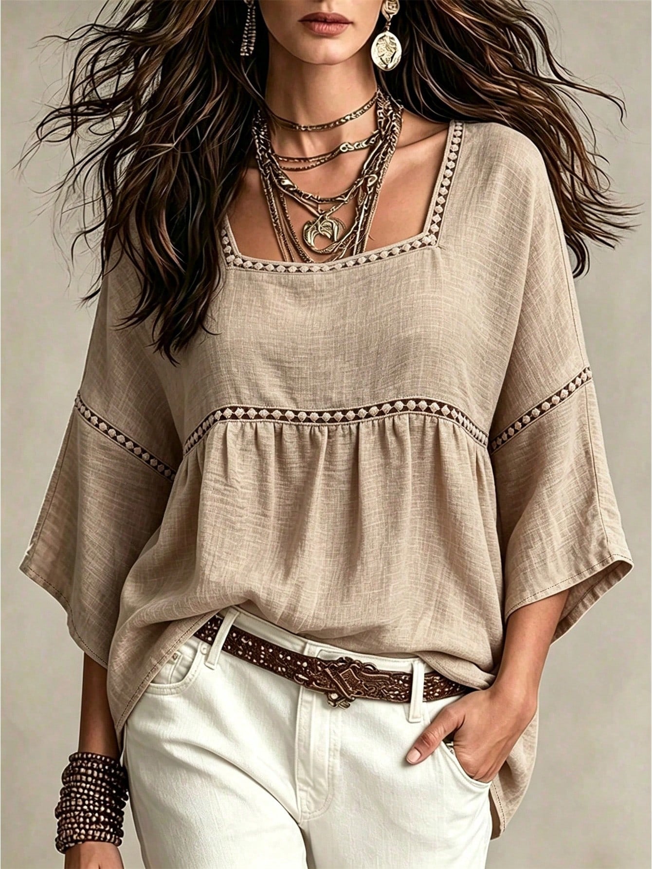 EMERY ROSE Plus Size Lady's Round-Neck Casual Resort Autumn Shirt