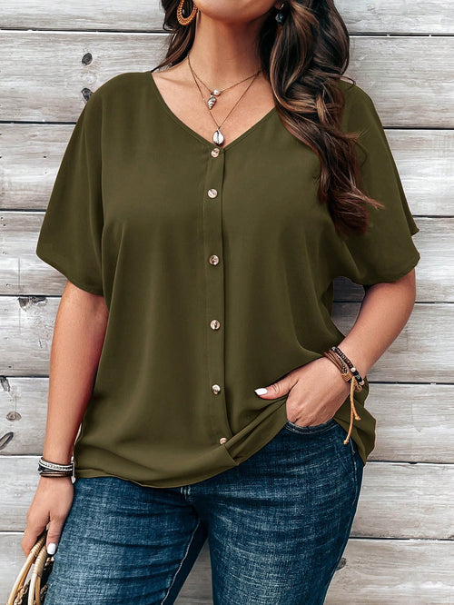 EMERY ROSE Plus Size Plain Batwing Sleeve Buttoned-Up Blouse