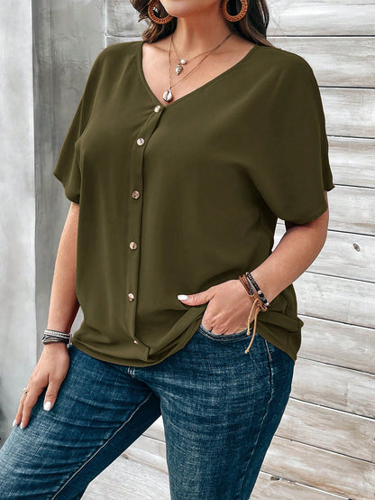 EMERY ROSE Plus Size Plain Batwing Sleeve Buttoned-Up Blouse