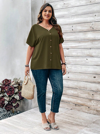 EMERY ROSE Plus Size Plain Batwing Sleeve Buttoned-Up Blouse