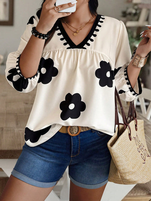 EMERY ROSE Plus Size Random Floral Print Casual Vacation Shirt Fall Chic