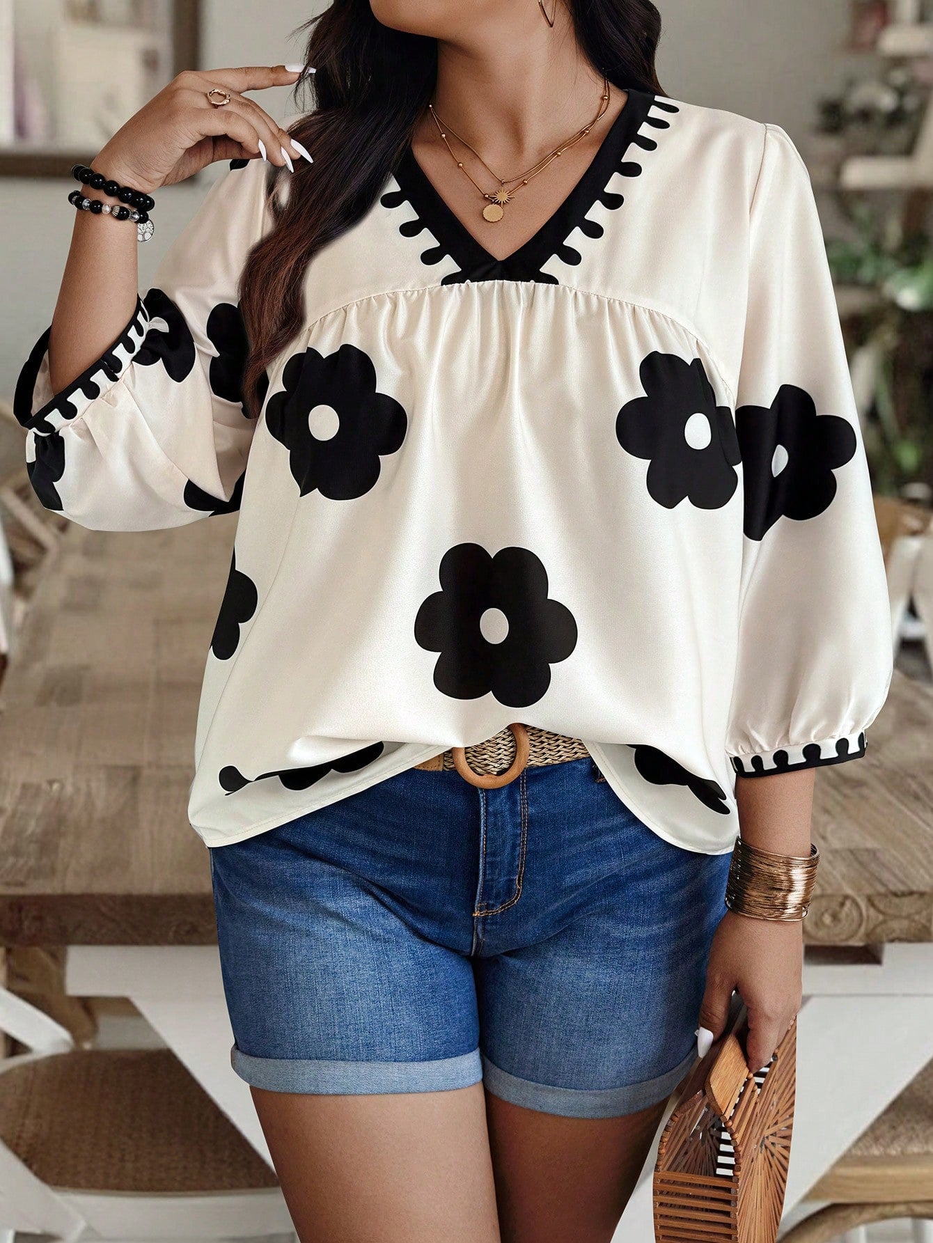 EMERY ROSE Plus Size Random Floral Print Casual Vacation Shirt Fall Chic
