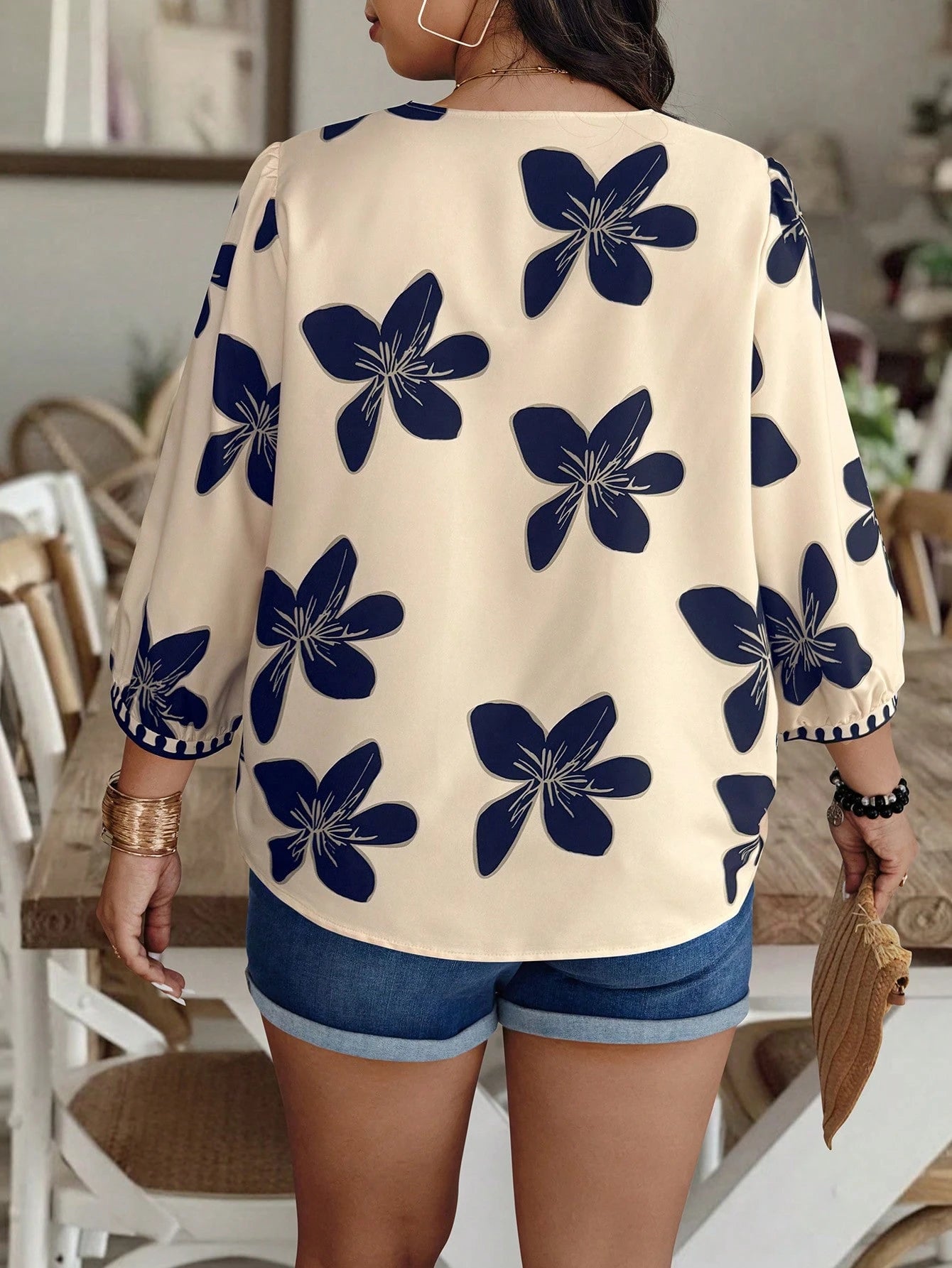 EMERY ROSE Plus Size Random Floral Print Casual Vacation Shirt Fall Chic