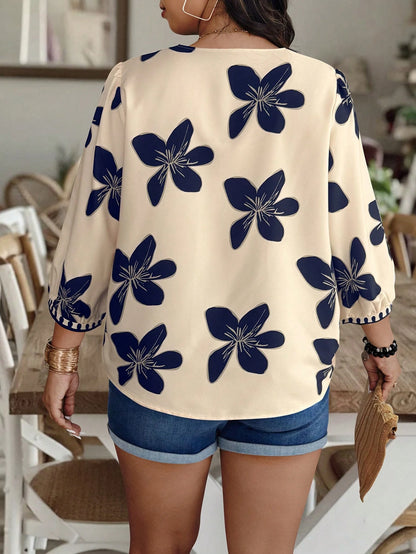 EMERY ROSE Plus Size Random Floral Print Casual Vacation Shirt Fall Chic