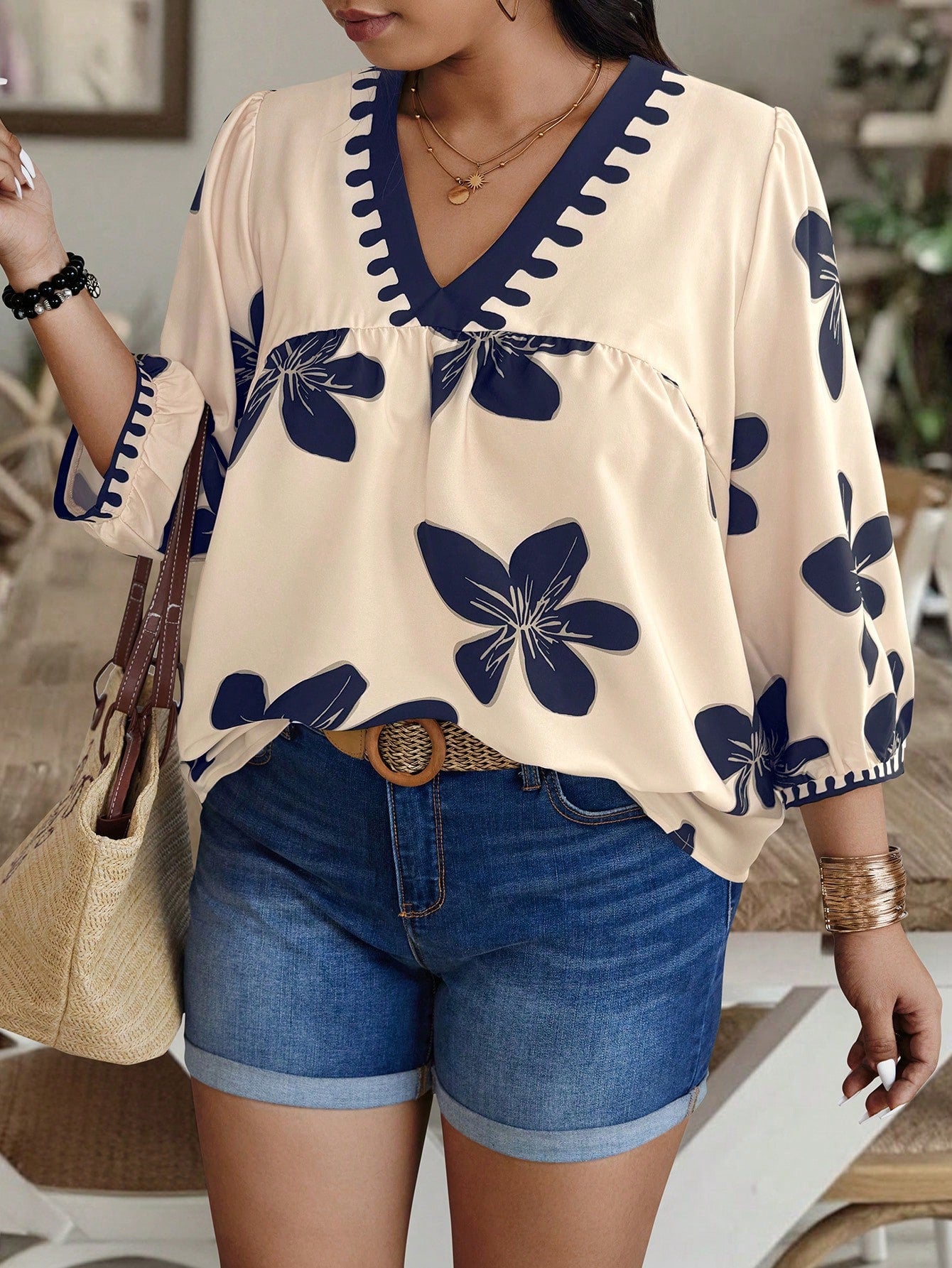 EMERY ROSE Plus Size Random Floral Print Casual Vacation Shirt Fall Chic