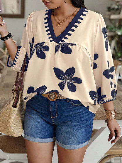 EMERY ROSE Plus Size Random Floral Print Casual Vacation Shirt Fall Chic