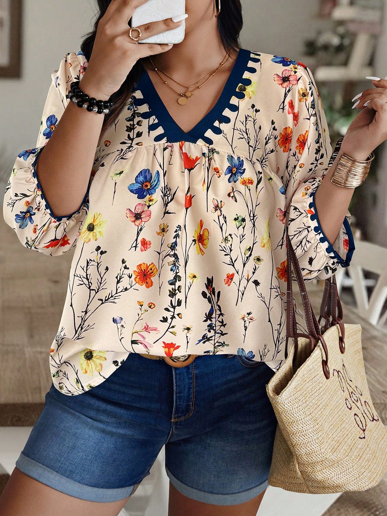 EMERY ROSE Plus Size Random Floral Print Casual Vacation Shirt Fall Chic