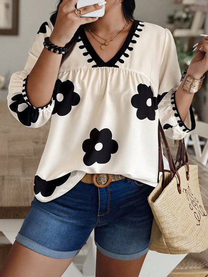 EMERY ROSE Plus Size Random Floral Print Casual Vacation Shirt Fall Chic