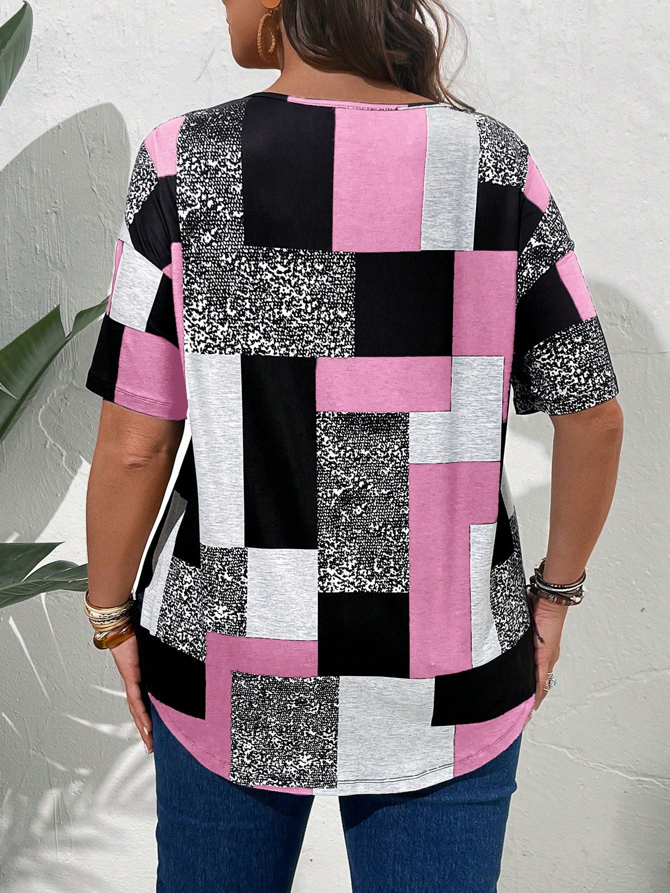 EMERY ROSE Plus Size Round Neck Short Sleeve Patchwork Minimalist Casual Top, Everyday Wear, For Summer