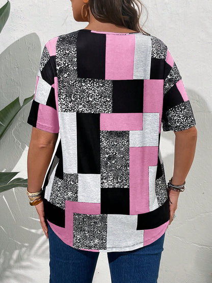 EMERY ROSE Plus Size Round Neck Short Sleeve Patchwork Minimalist Casual Top, Everyday Wear, For Summer