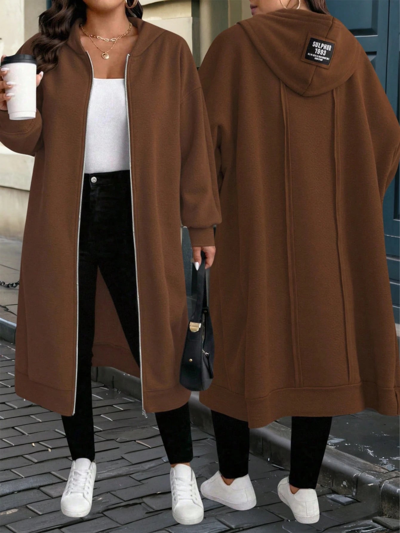 EMERY ROSE Plus Size Solid Color Casual Hooded Jacket, Suitable For Autumn/Winter Fall Cloth For Women