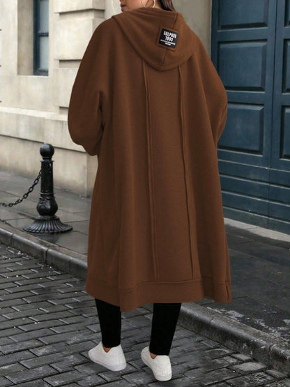 EMERY ROSE Plus Size Solid Color Casual Hooded Jacket, Suitable For Autumn/Winter Fall Cloth For Women