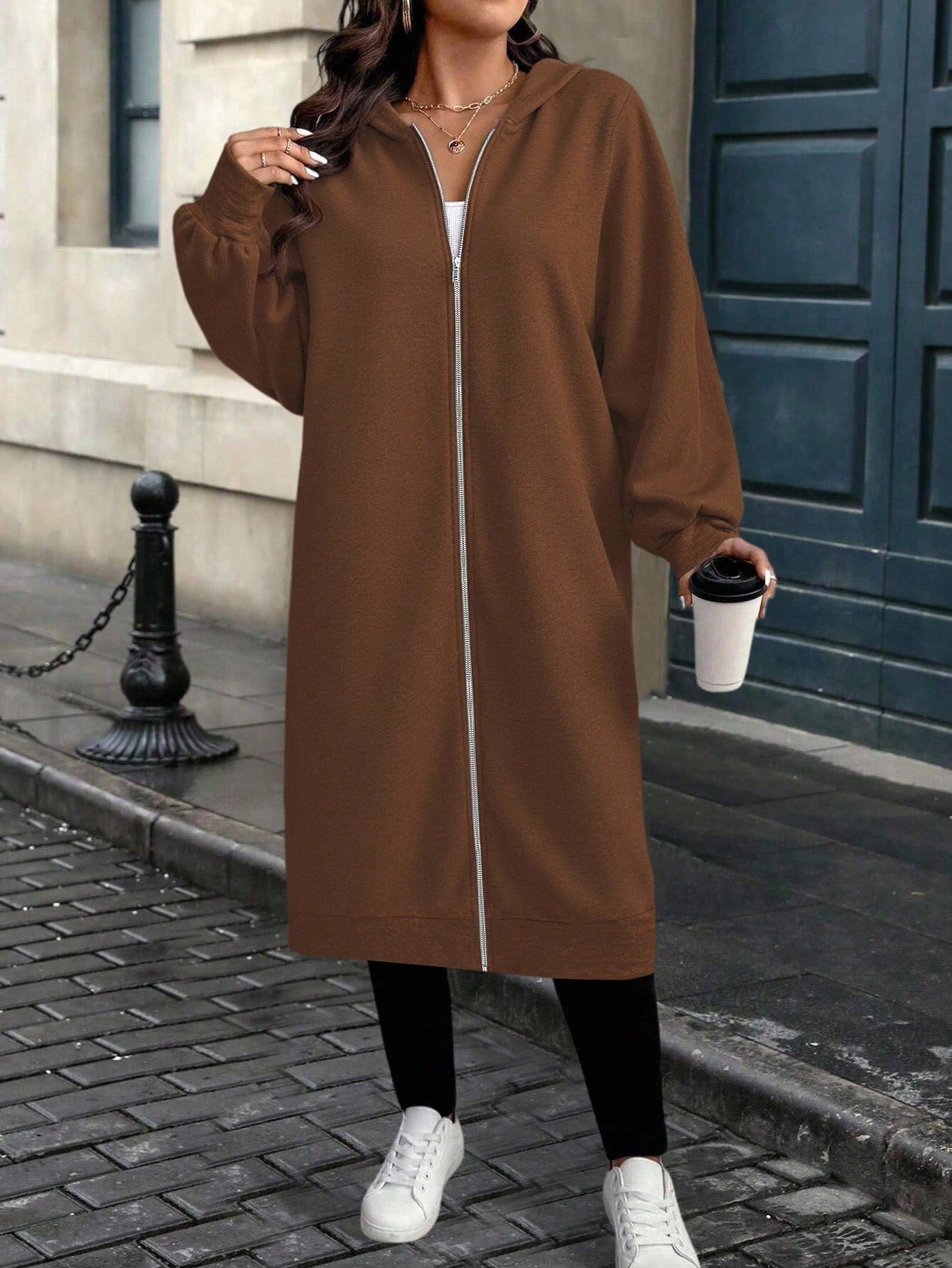 EMERY ROSE Plus Size Solid Color Casual Hooded Jacket, Suitable For Autumn/Winter Fall Cloth For Women