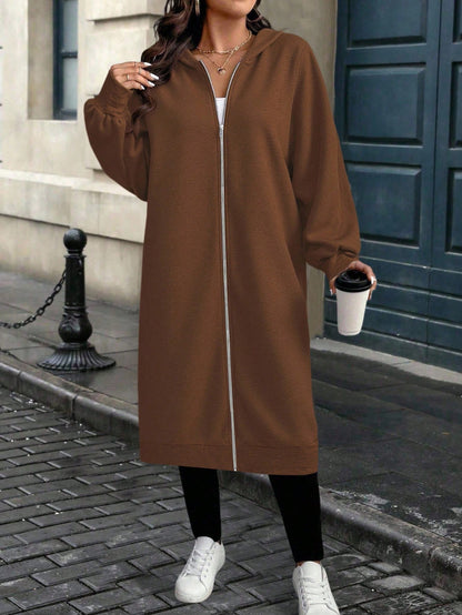 EMERY ROSE Plus Size Solid Color Casual Hooded Jacket, Suitable For Autumn/Winter Fall Cloth For Women
