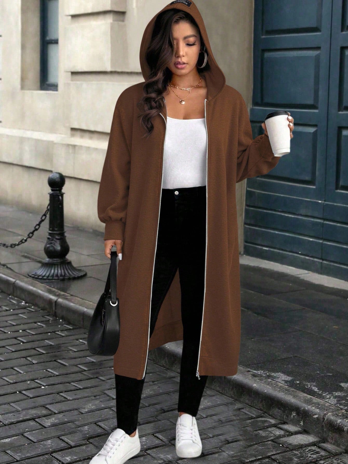 EMERY ROSE Plus Size Solid Color Casual Hooded Jacket, Suitable For Autumn/Winter Fall Cloth For Women