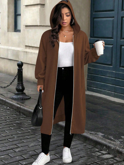 EMERY ROSE Plus Size Solid Color Casual Hooded Jacket, Suitable For Autumn/Winter Fall Cloth For Women